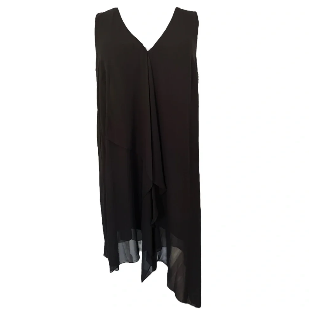 ADRIANNA PAPELL Black Sleeveless Midi Dress waterfall sheer high low hem 18W - Picture 2 of 7